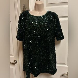 JODIFL Dark Green Women’s Full Sequin Top Blouse Christmas Holiday Festive Party